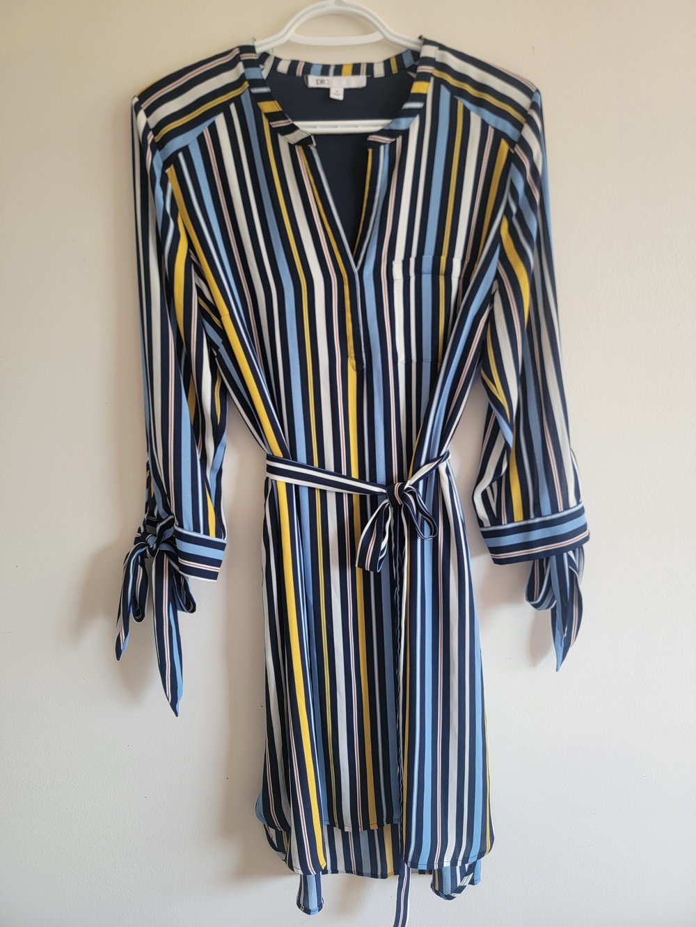 Navy, Yellow & White Striped Tie-Waist Shirt Dress